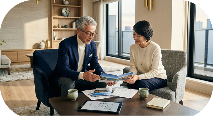 窓辺で雑誌を見ながら会話する夫婦