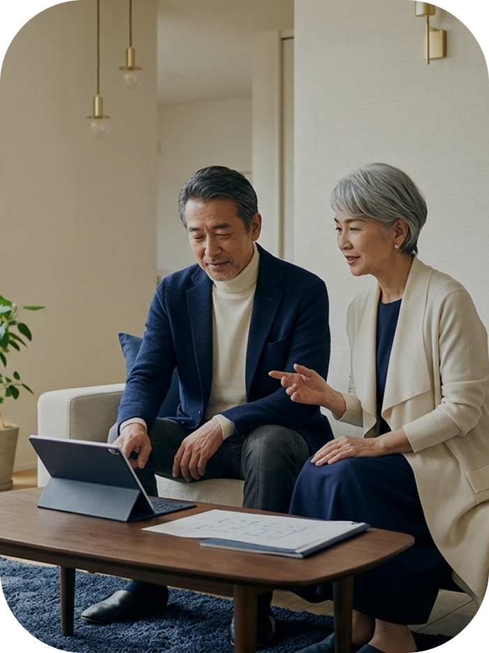 タブレットを見ながらセルフケアプランについて話し合う夫婦