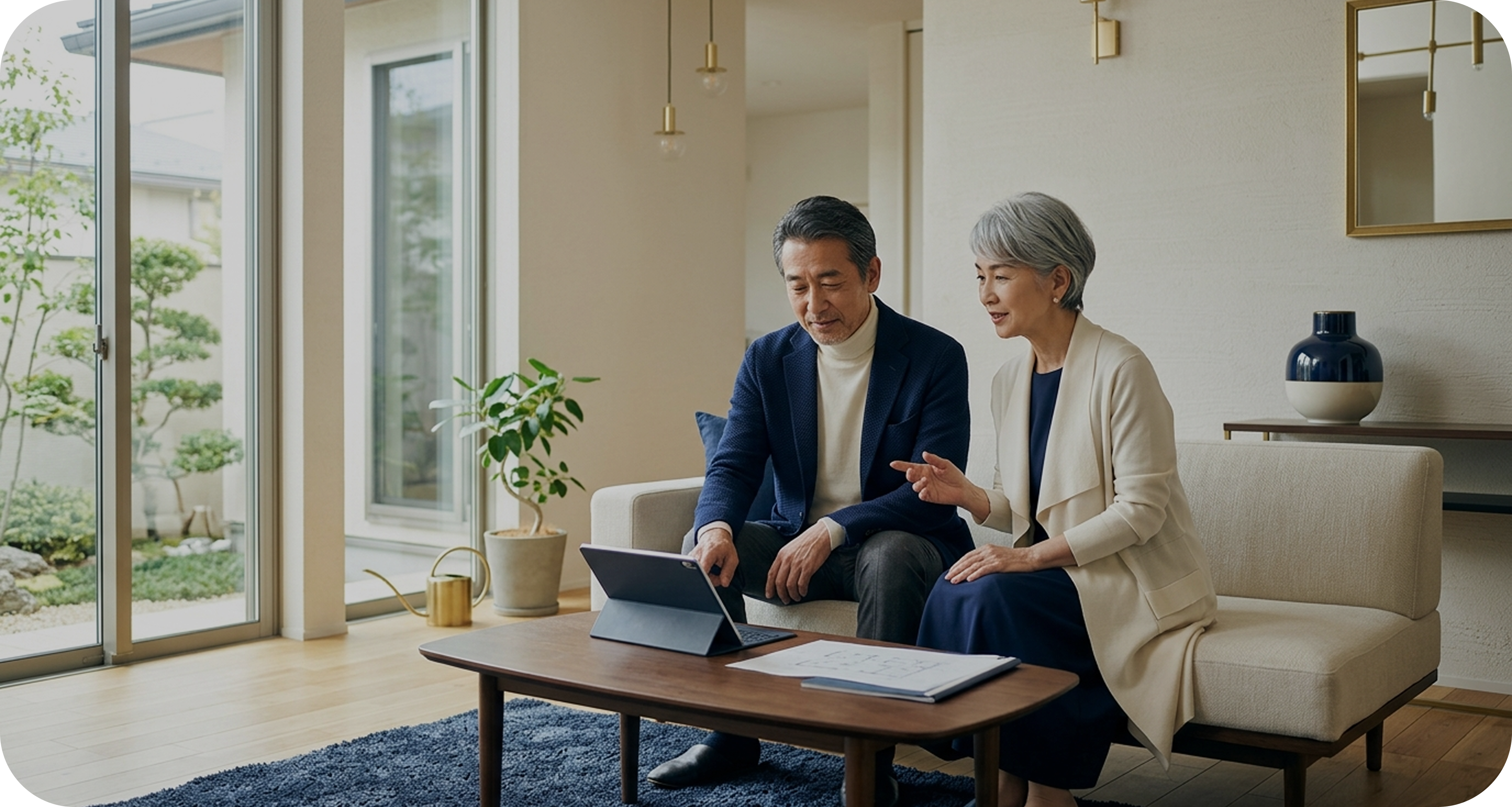 タブレットを見ながらセルフケアプランについて話し合う夫婦