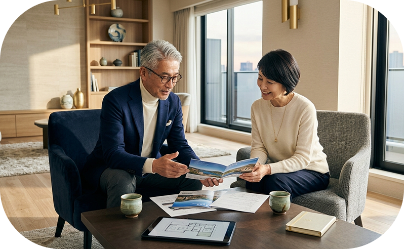 資料を見ながら打ち合わせをする夫婦01