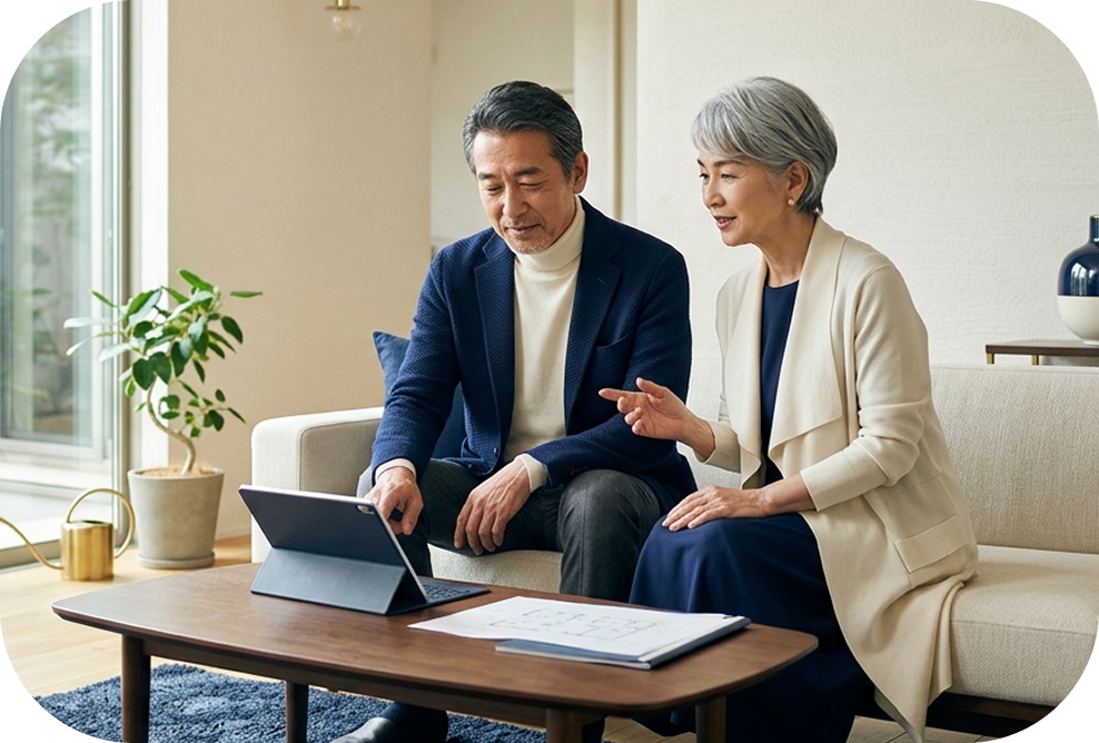資料を見ながら会話する夫婦